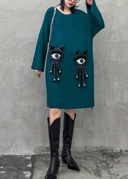 レディース ブルー あったか ニットワンピース Oネック 立体装飾（3Dデコレーション） オーバーサイズ ゆったり ニットウェア