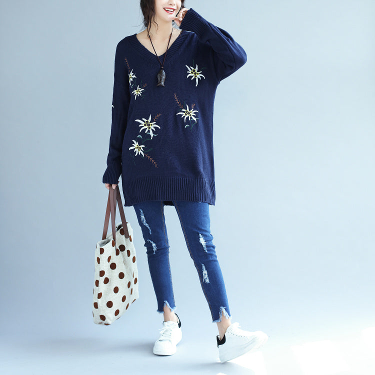 秋 ファッション ブルー 刺繍 ニットワンピース オーバーサイズ ミディロング プルオーバー