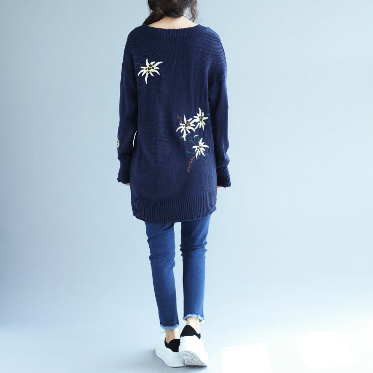 秋 ファッション ブルー 刺繍 ニットワンピース オーバーサイズ ミディロング プルオーバー